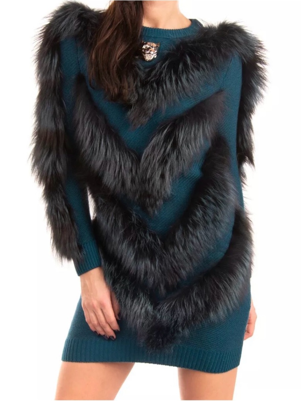 Philipp Plein Authentic Real Fur Trim V-Neck Sweater Dress Aplaca size XS